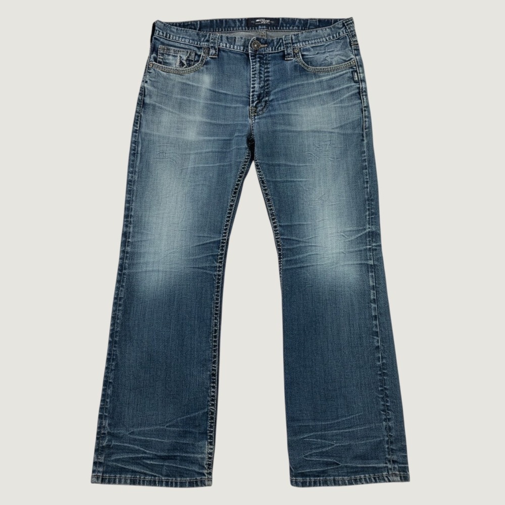 Silver Zac Bootcut Jeans Mens W38 L32 Blue Denim Distressed Faded Western